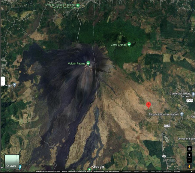 Map of the Pacaya volcano area in Guatemala.